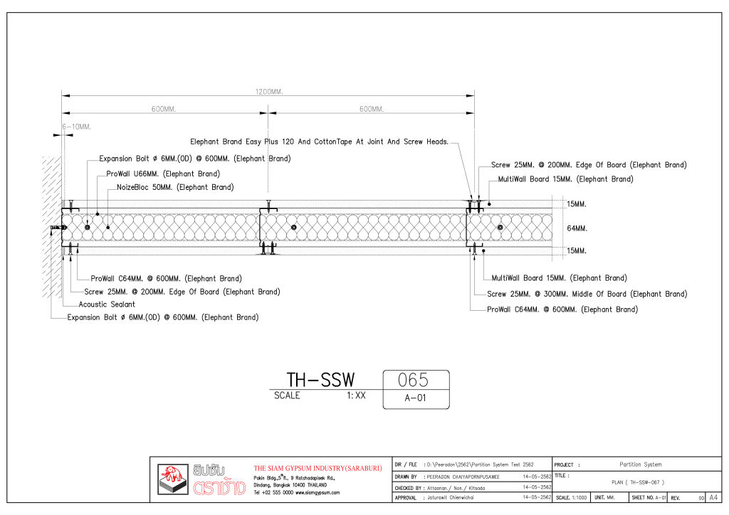 60MINS. FR - 15MM. MULTIWALL BOARD WITH PROWALL PARTITION AND NOIZEBLOC 50MM._TH-SSW-065